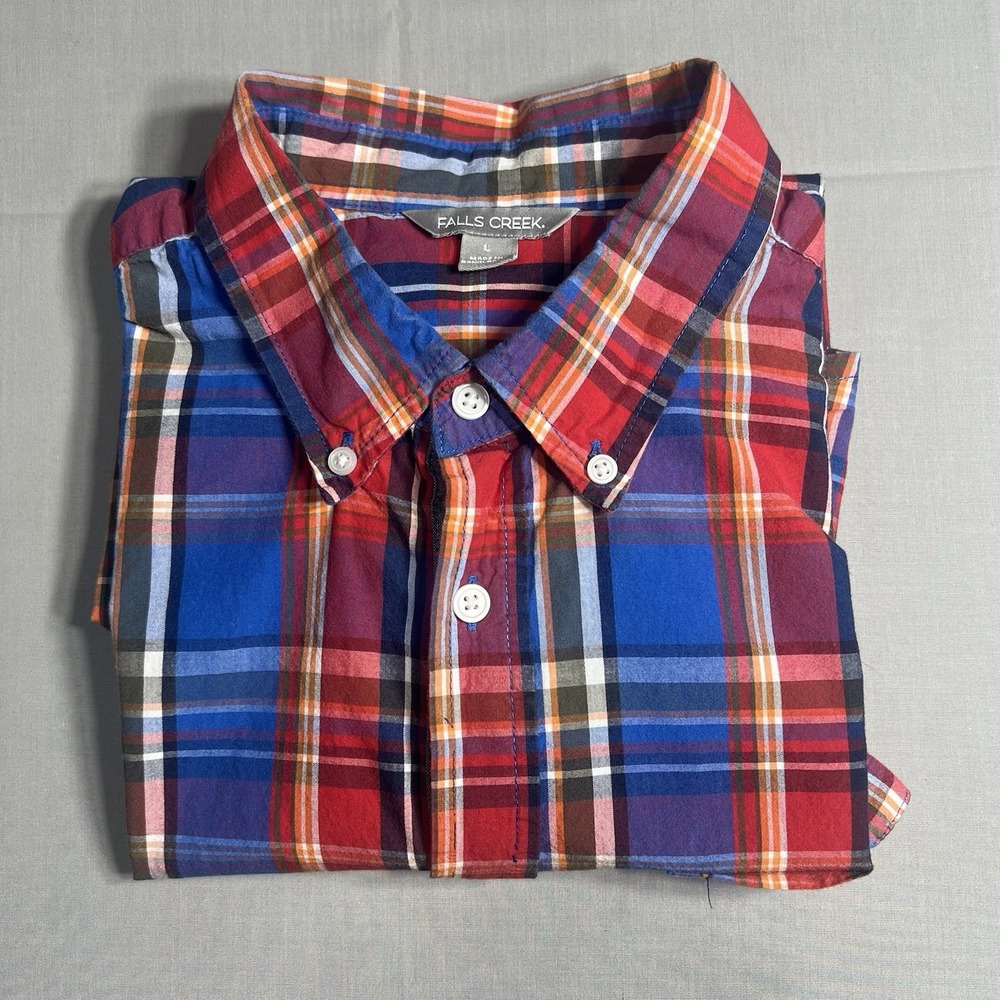 Falls Creek Plaid Button Down Shirt Men Large Short Sleeve Multicolor